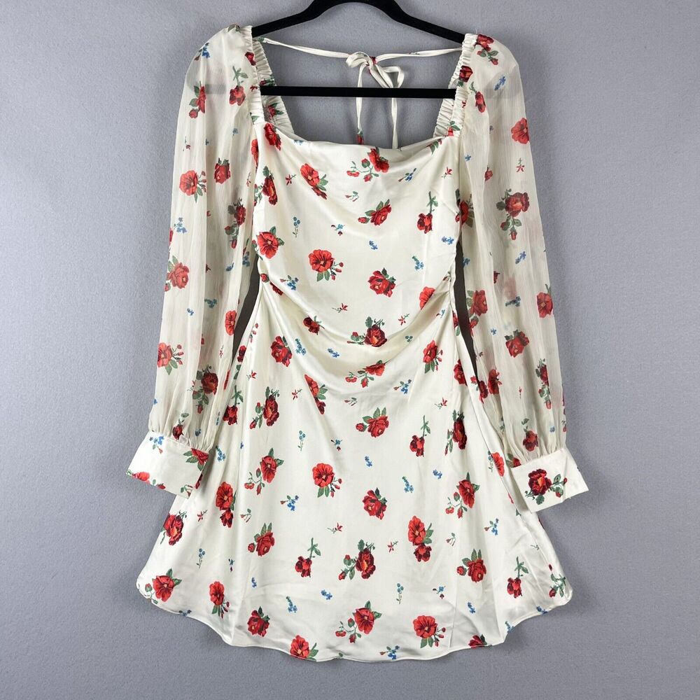 We Wore What Floral Satin Puff Sleeve Mini Dress Womens 00 Romantic‎ Flirty NEW
